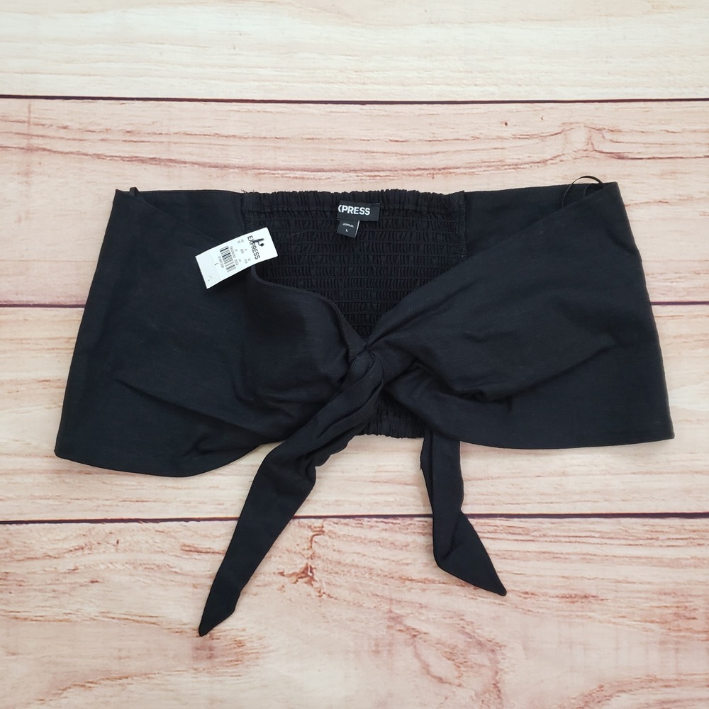 NEW EXPRESS Crop Top Womens Large Black Cropped‎ Shirt Smocked Tie Front Ladies